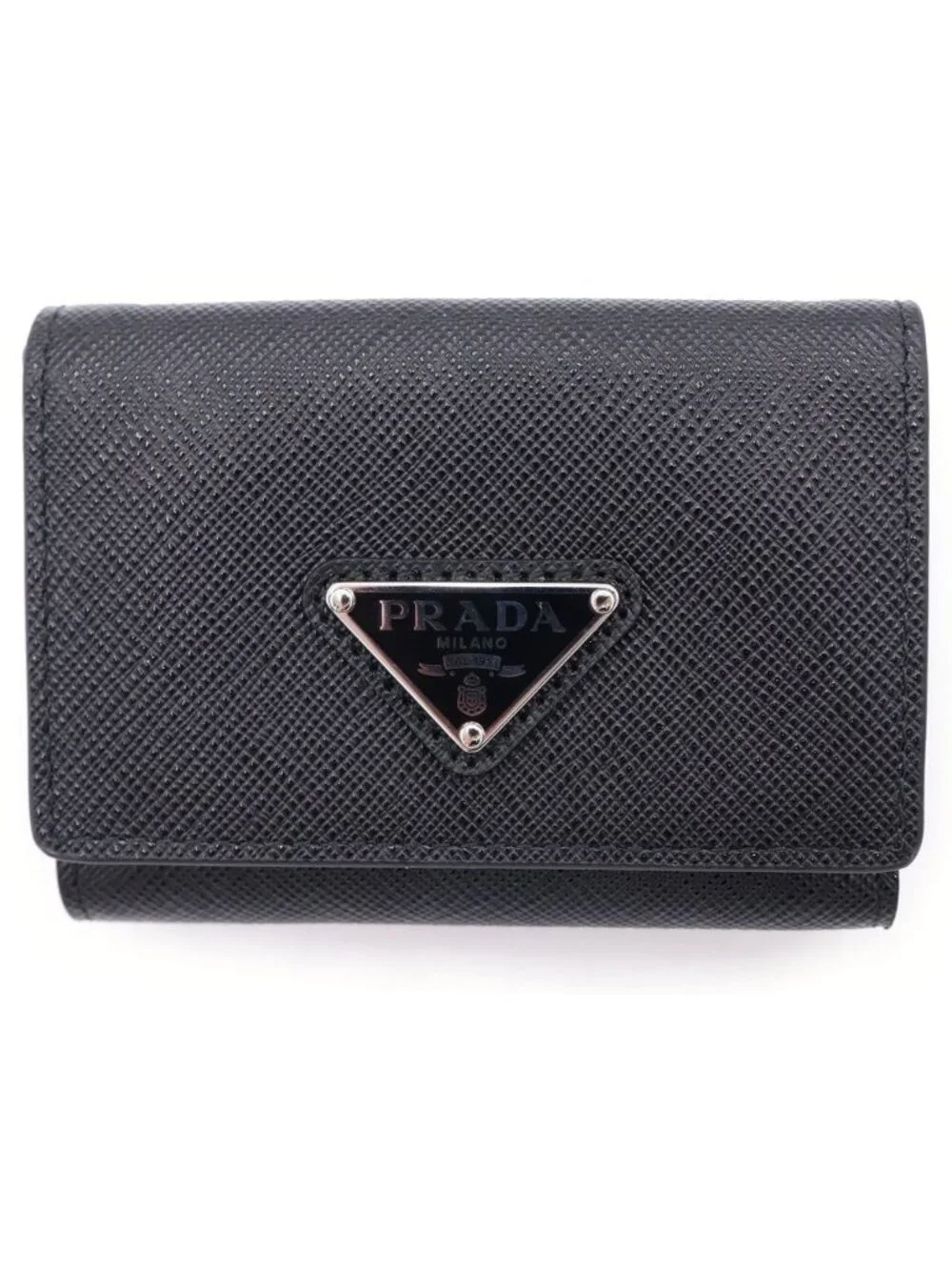 Prada Saffiano Triangle Logo 3 Fold Wallet Black
